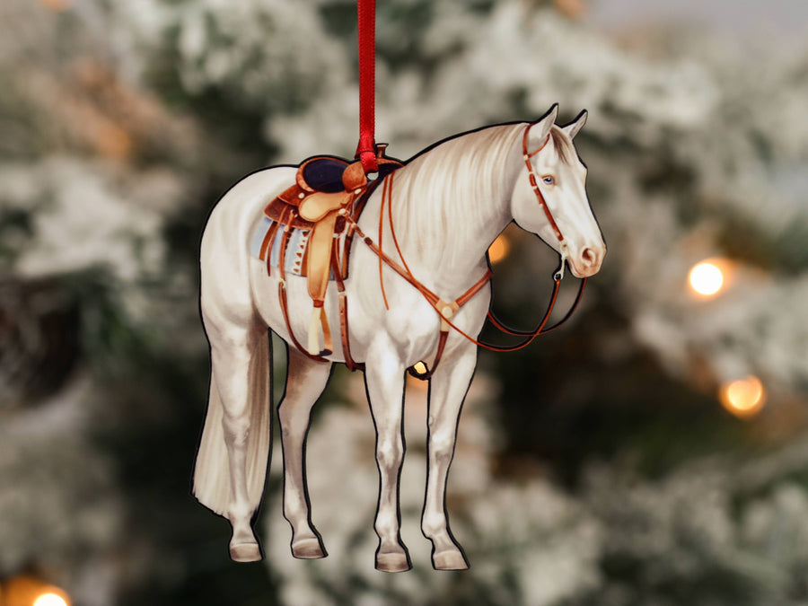cremello western ranch quarter horse Christmas ornament, laser-cut printed wood by Classy Equine