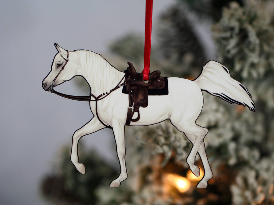 White and light gray Arabian horse Christmas ornament, laser-cut printed wood by Classy Equine