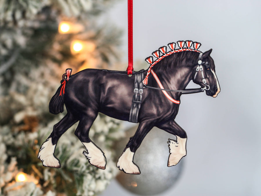 Black Shire draft horse Christmas ornament, laser-cut printed wood by Classy Equine