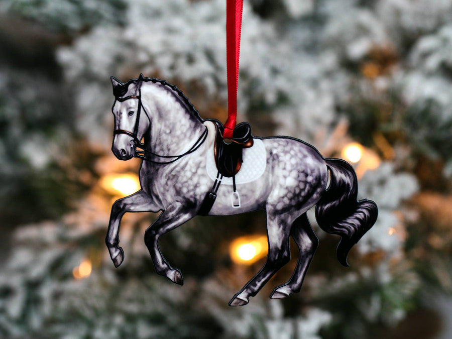 gray dressage sport horse Christmas ornament, laser cut printed wood by Classy Equine