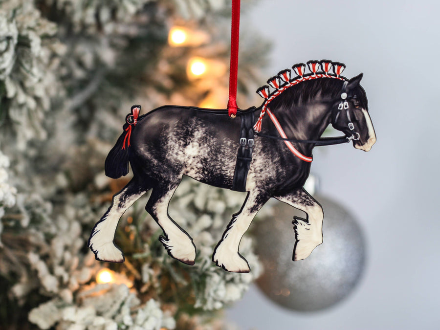 Black sabino Shire draft horse Christmas ornament, laser-cut printed wood by Classy Equine