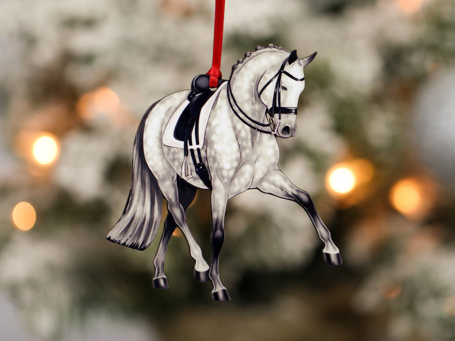 Dapple gray half pass dressage horse Christmas ornament, laser-cut printed wood by Classy Equine
