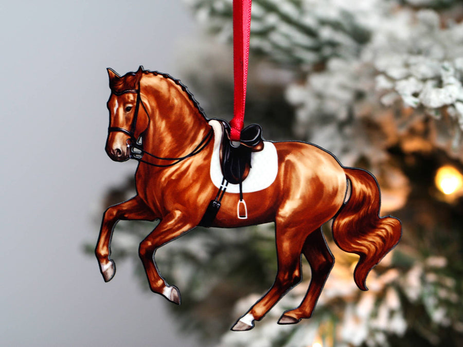 chestnut dressage sport horse Christmas ornament, laser cut printed wood by Classy Equine