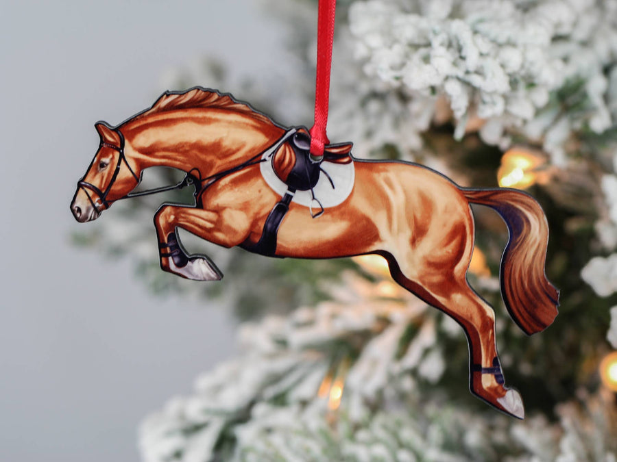 Chestnut hunter jumper horse Christmas ornament, laser-cut printed wood by Classy Equine