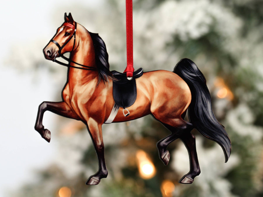 Bay Saddlebred saddle seat horse Christmas ornament, laser-cut printed wood by Classy Equine
