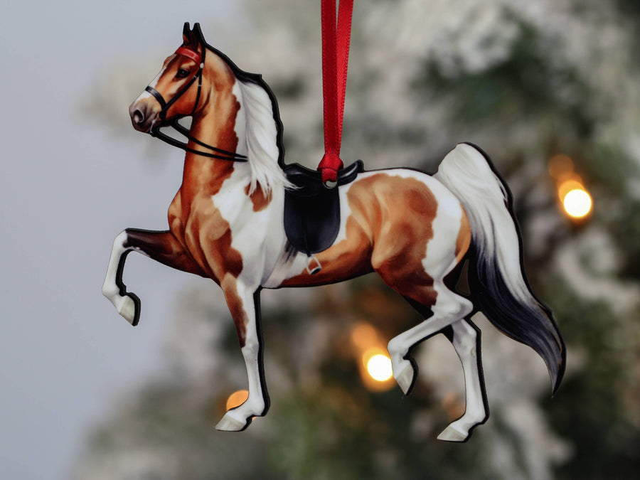 Bay tobiano Saddlebred saddle seat horse Christmas ornament, laser-cut printed wood by Classy Equine