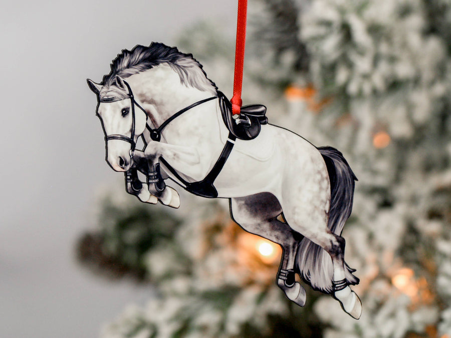 Gray hunter jumper horse Christmas ornament, laser-cut printed wood by Classy Equine