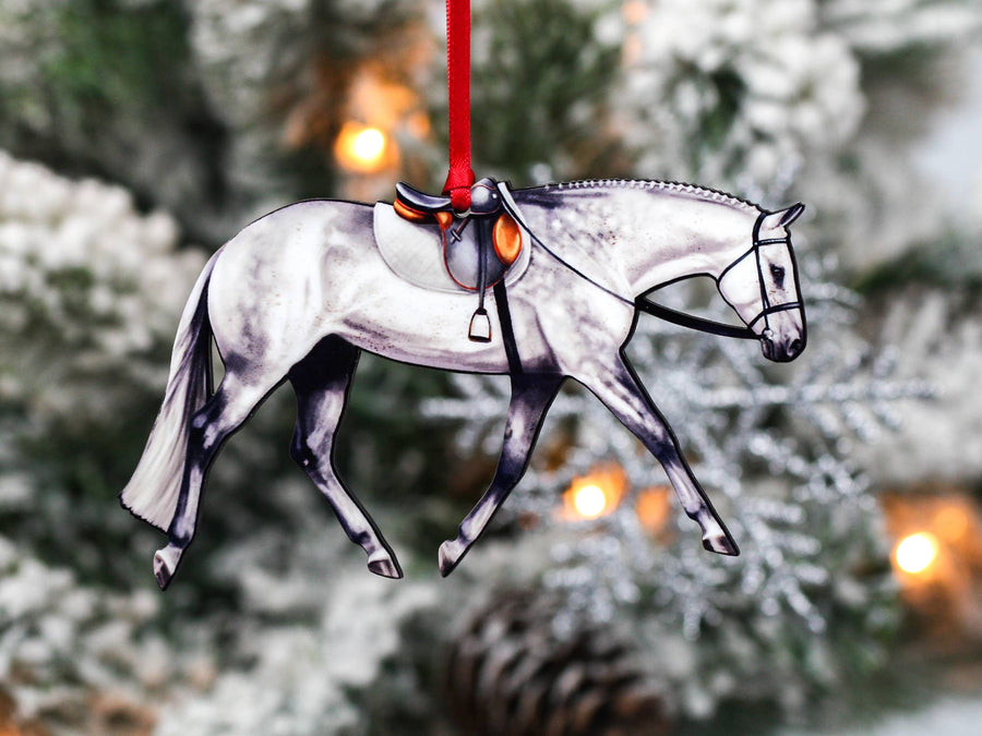 Gray Quarter Horse English pleasure Christmas ornament, laser-cut printed wood by Classy Equine