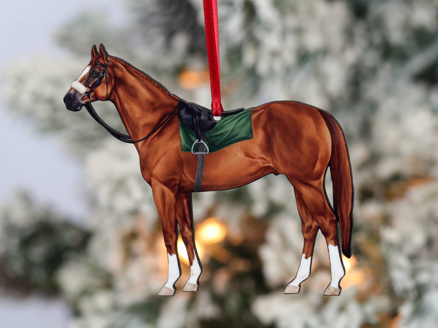 chestnut Thoroughbred race horse Christmas ornament, laser-cut printed wood by Classy Equine