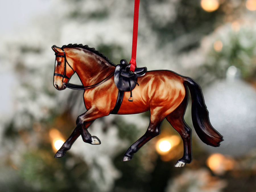 Bay side saddle horse Christmas ornament, laser-cut printed wood by Classy Equine