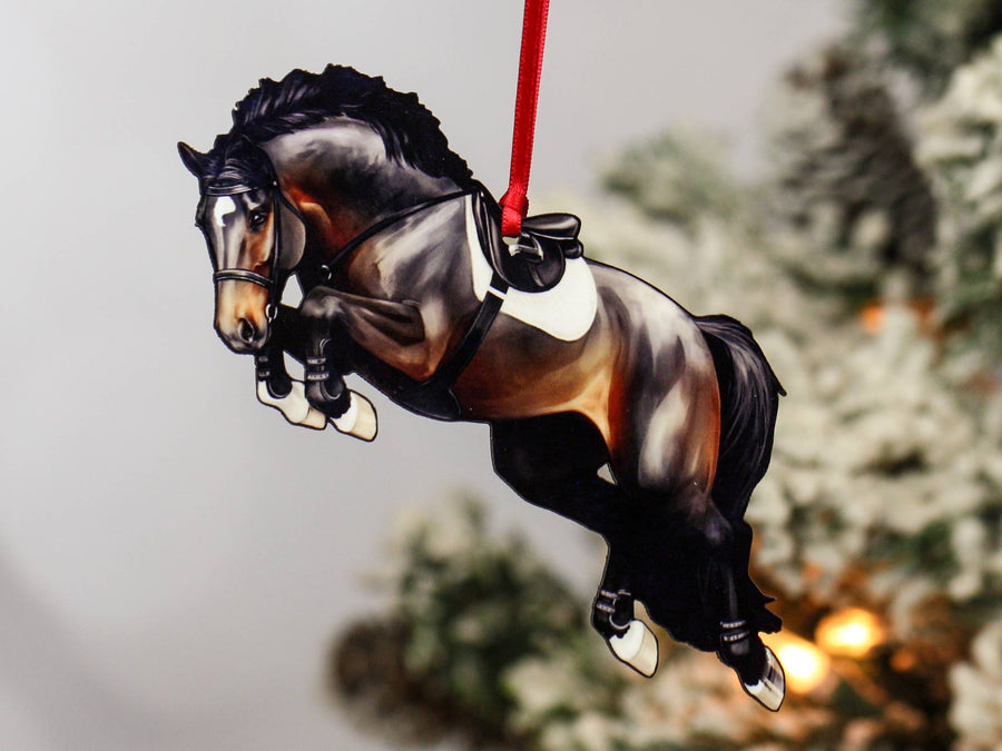 Seal bay hunter jumper horse Christmas ornament, laser-cut printed wood by Classy Equine