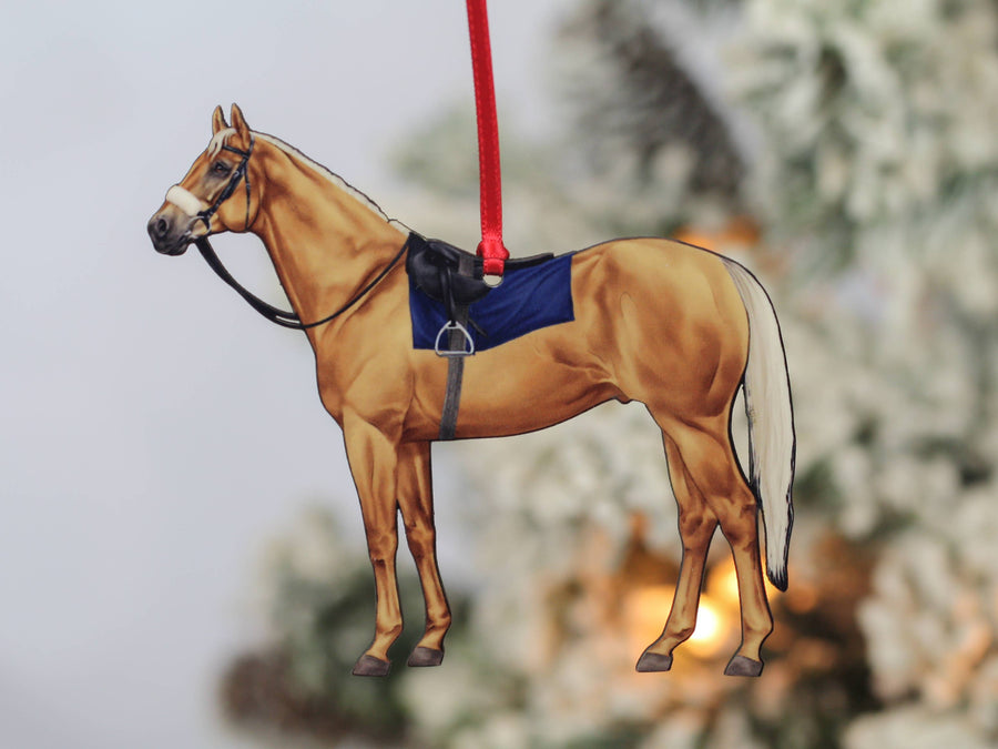 Palomino Thoroughbred race horse Christmas ornament, laser-cut printed wood by Classy Equine