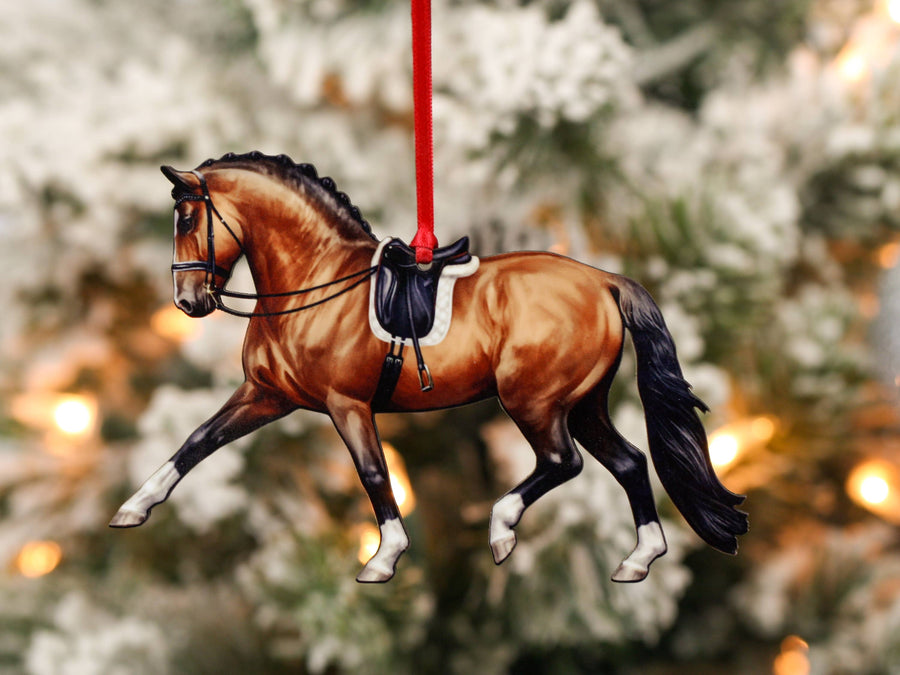 Bay dressage horse Christmas ornament, laser-cut printed wood by Classy Equine