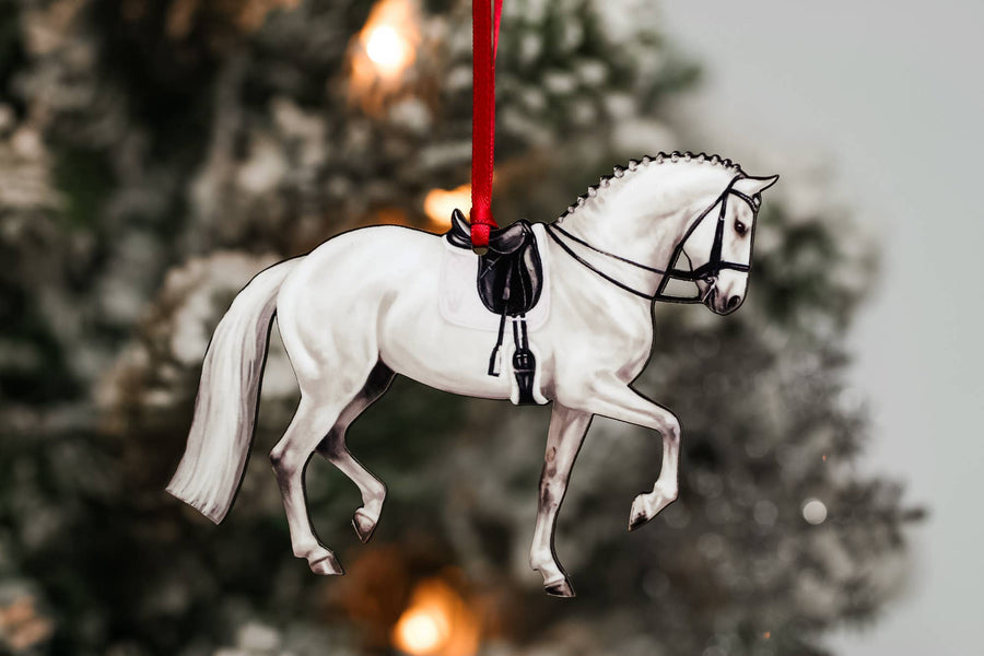 White light gray dressage horse Christmas ornament, laser-cut printed wood by Classy Equine
