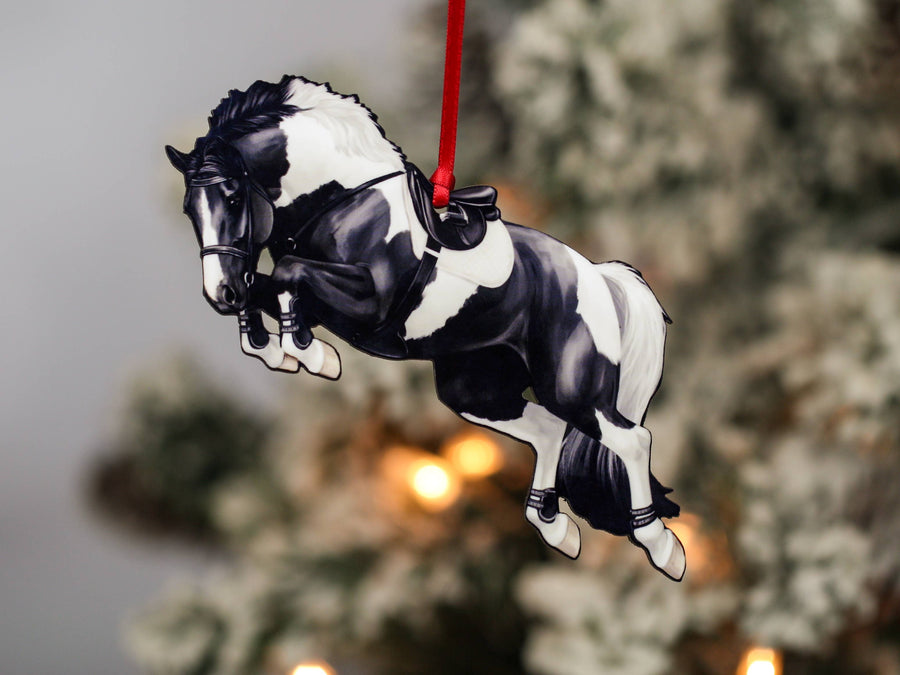 Black and white tobiano hunter jumper horse Christmas ornament, laser-cut printed wood by Classy Equine