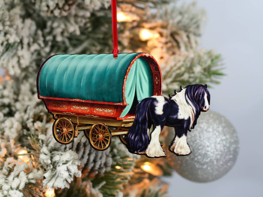 Black and white tobiano Gypsy Vanner horse and wagon Christmas ornament by Classy Equine
