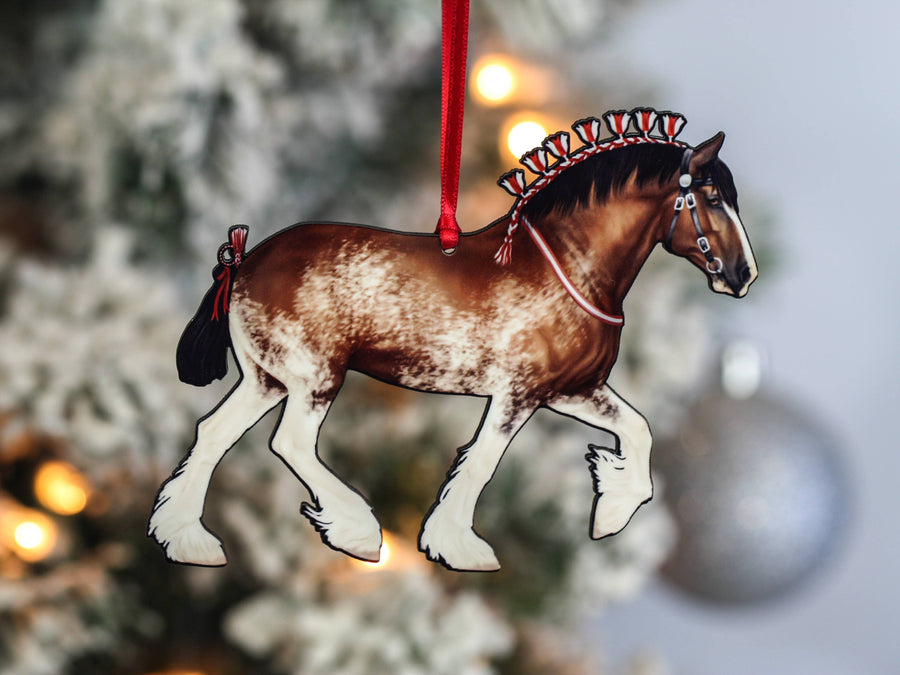 Bay sabino Shire draft horse Christmas ornament, laser-cut printed wood by Classy Equine