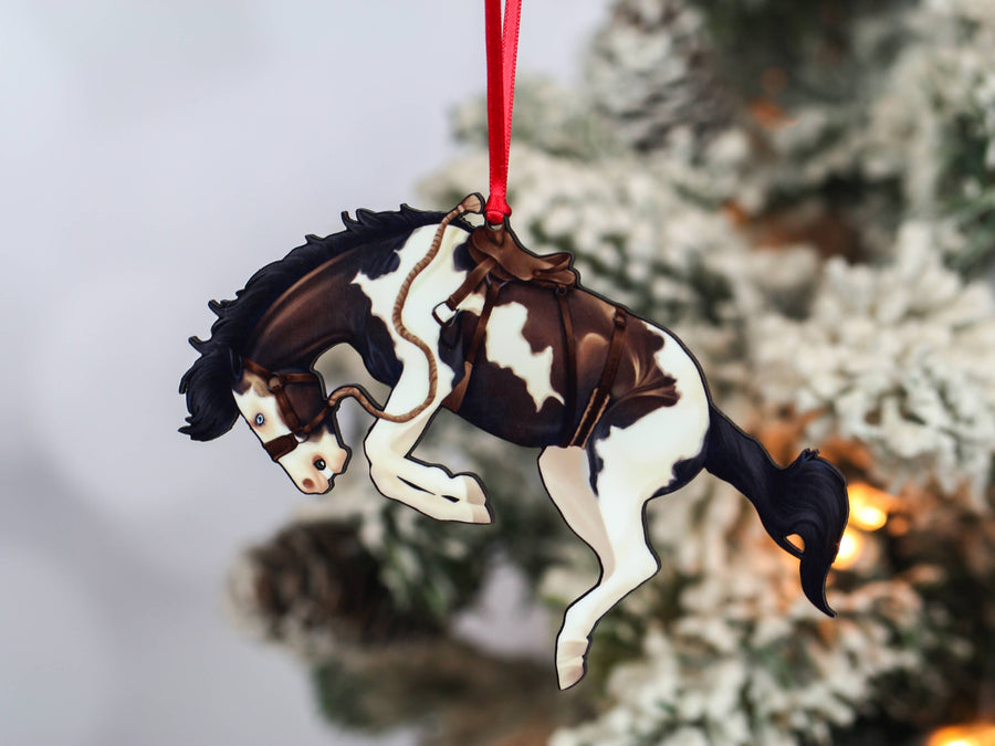 Bay tobiano bucking bronco rodeo horse Christmas ornament, laser-cut printed wood by Classy Equine