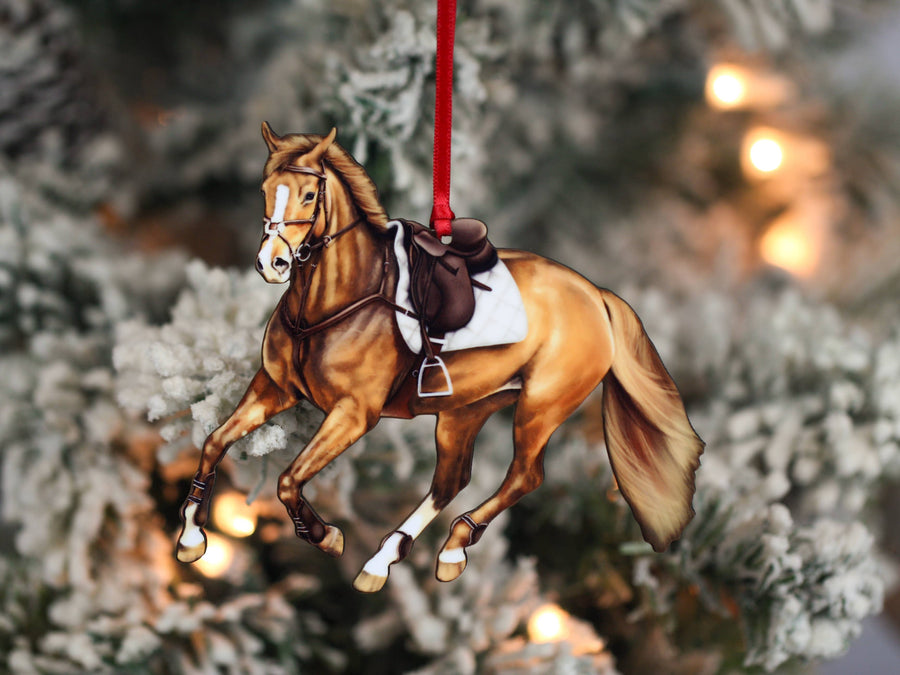 Chestnut sorrel hunter jumper horse Christmas ornament, laser-cut printed wood by Classy Equine