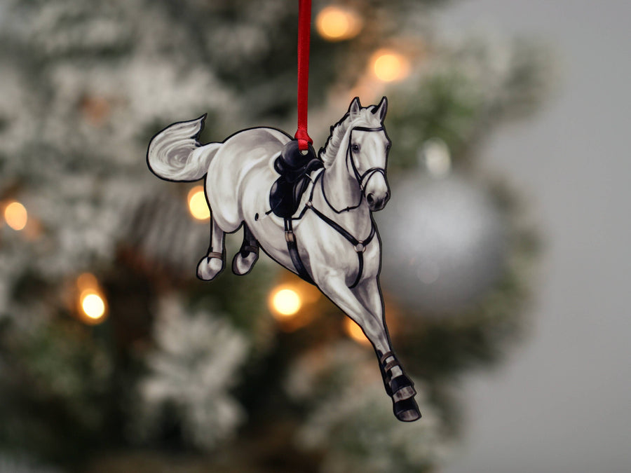 Light gray hunter jumper horse Christmas ornament, laser-cut printed wood by Classy Equine