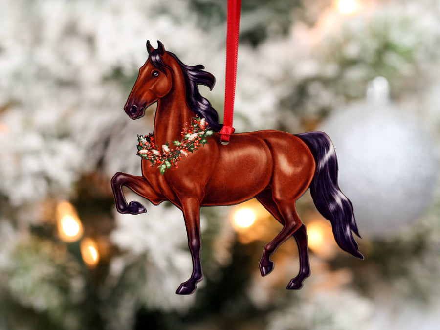 Bay Saddlebred horse Christmas ornament with wreath, laser-cut printed wood by Classy Equine