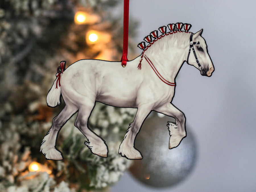 Gray Shire draft horse Christmas ornament, laser-cut printed wood by Classy Equine