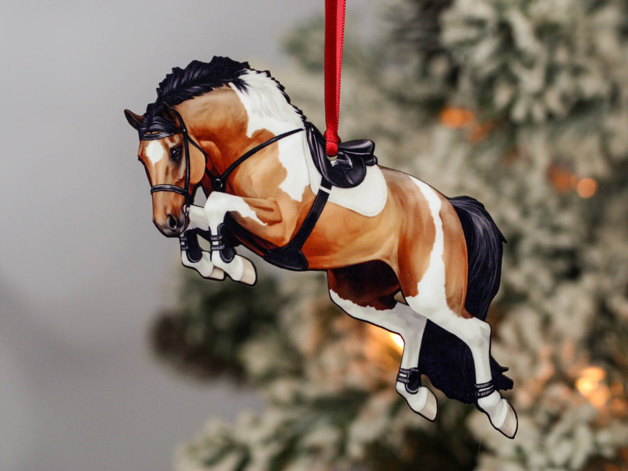 bay and white tobiano hunter jumper Christmas ornament, laser-cut printed wood by Classy Equine