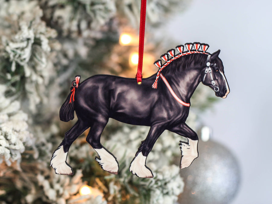 Black Shire draft horse Christmas ornament, laser-cut printed wood by Classy Equine