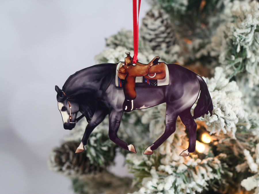 Grulla splash western Paint horse Christmas ornament, laser-cut printed wood by Classy Equine