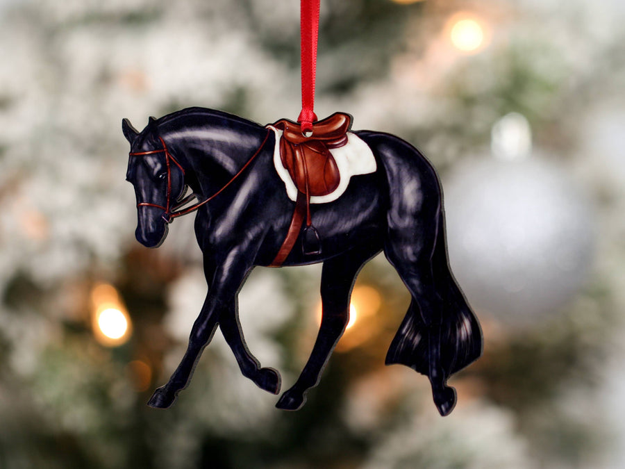 Black hunter under saddle horse Christmas ornament, laser-cut printed wood by Classy Equine