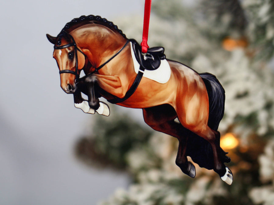 Bay hunter jumper horse Christmas ornament, laser-cut printed wood by Classy Equine