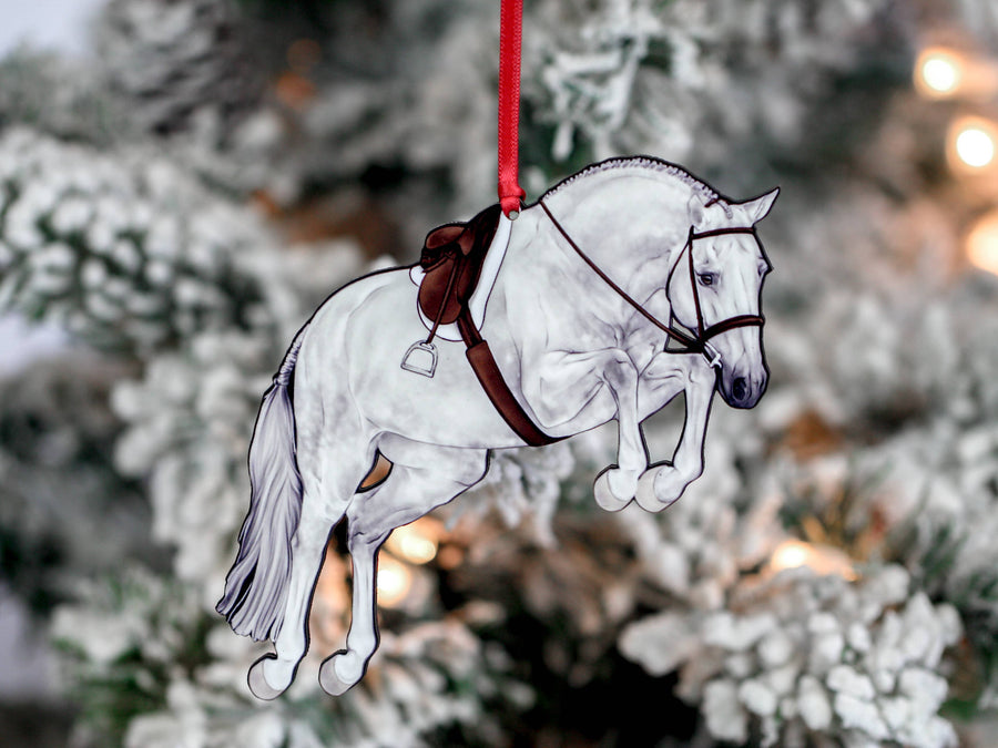 Gray hunter jumper horse Christmas ornament, laser-cut printed wood by Classy Equine