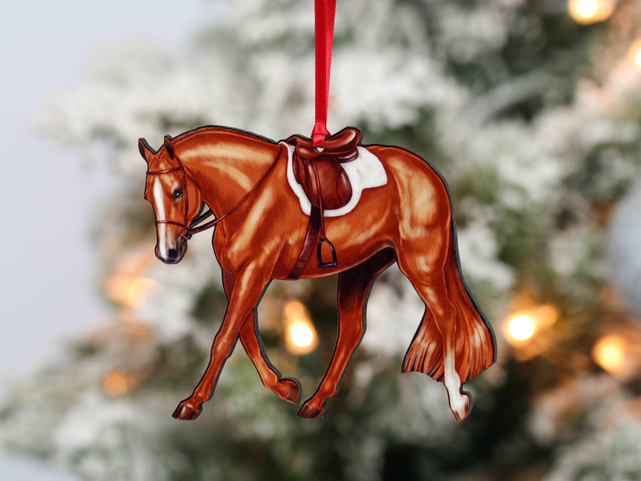 Chestnut hunter under saddle horse Christmas ornament, laser-cut printed wood by Classy Equine