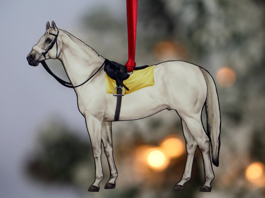 light gray Thoroughbred race horse Christmas ornament, laser-cut printed wood by Classy Equine
