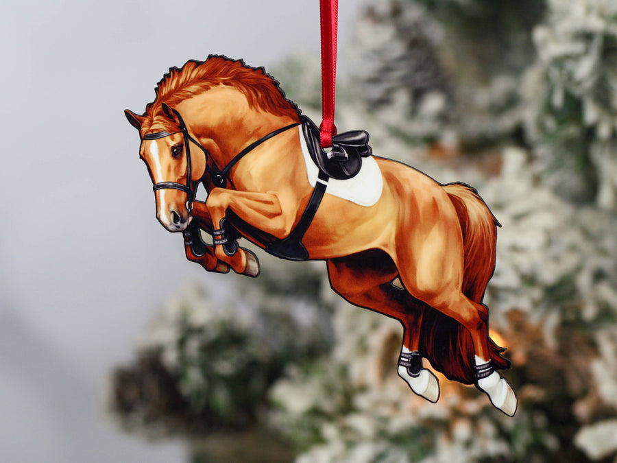 Chestnut hunter jumper horse Christmas ornament, laser-cut printed wood by Classy Equine