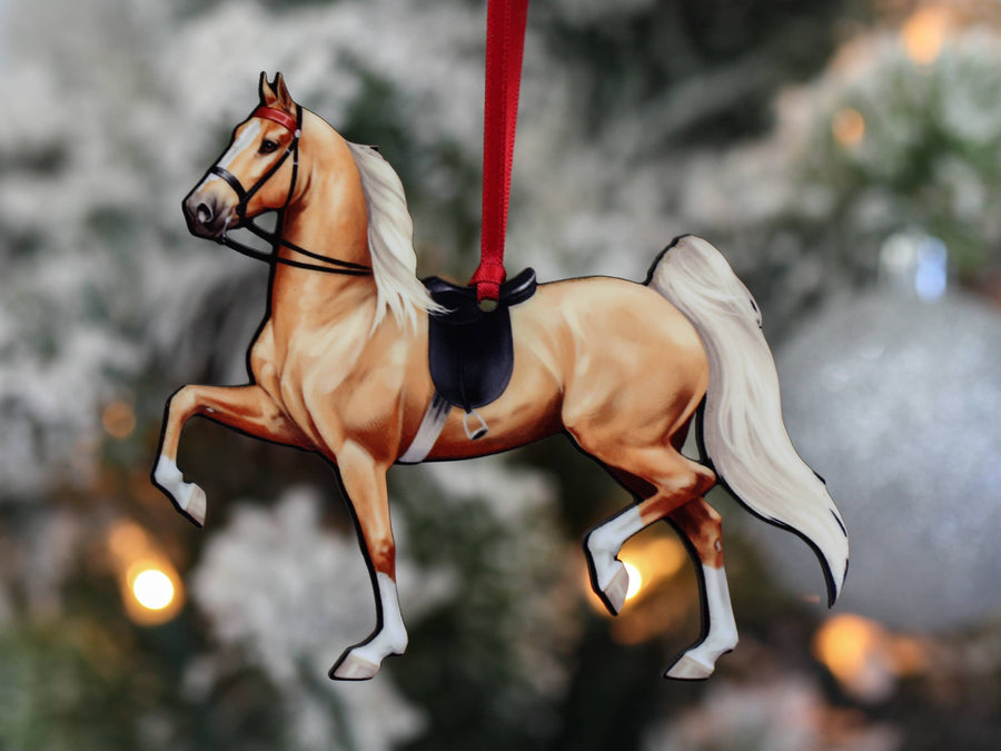 Palomino Saddlebred saddle seat horse Christmas ornament, laser-cut printed wood by Classy Equine