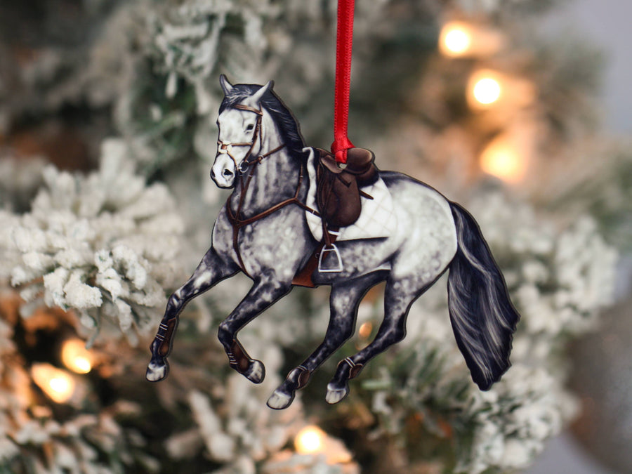 Gray galloping hunter jumper horse Christmas ornament, laser-cut printed wood by Classy Equine