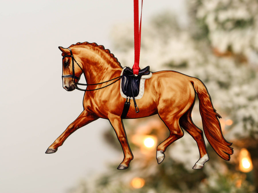 Chestnut dressage horse Christmas ornament, laser-cut printed wood by Classy Equine