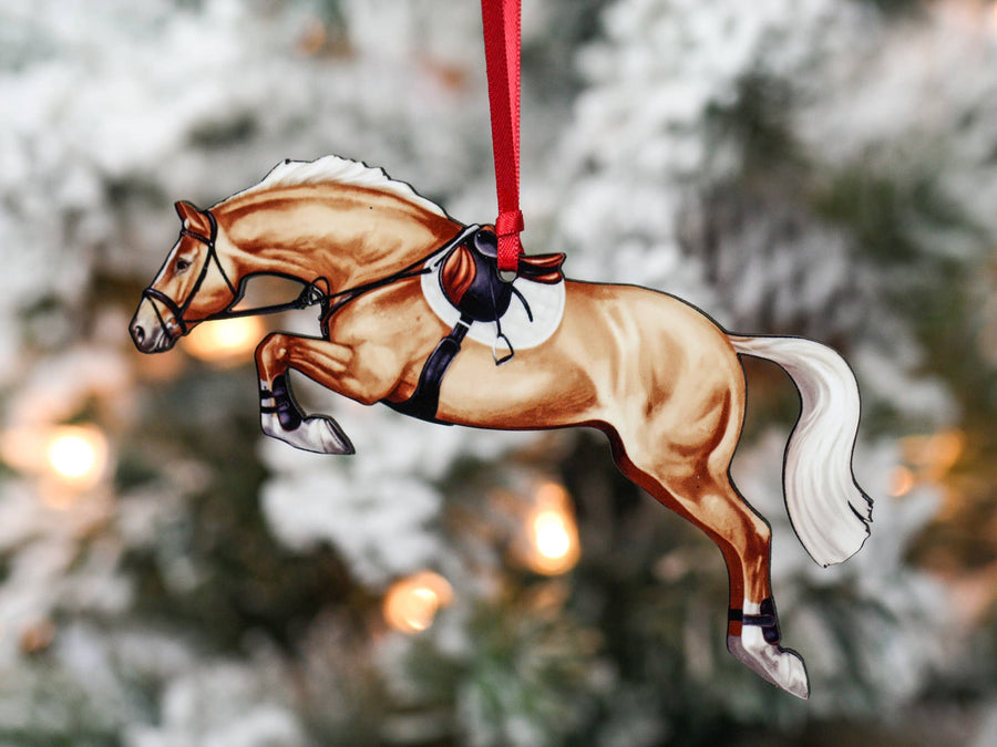 Palomino hunter jumper horse Christmas ornament, laser-cut printed wood by Classy Equine