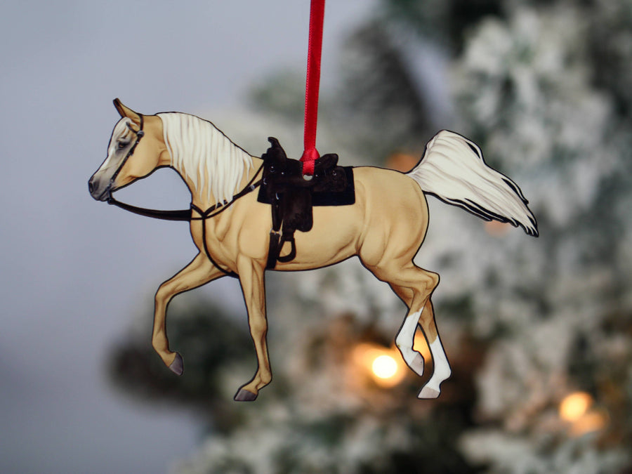 Palomino western Arabian horse Christmas ornament, laser-cut printed wood by Classy Equine