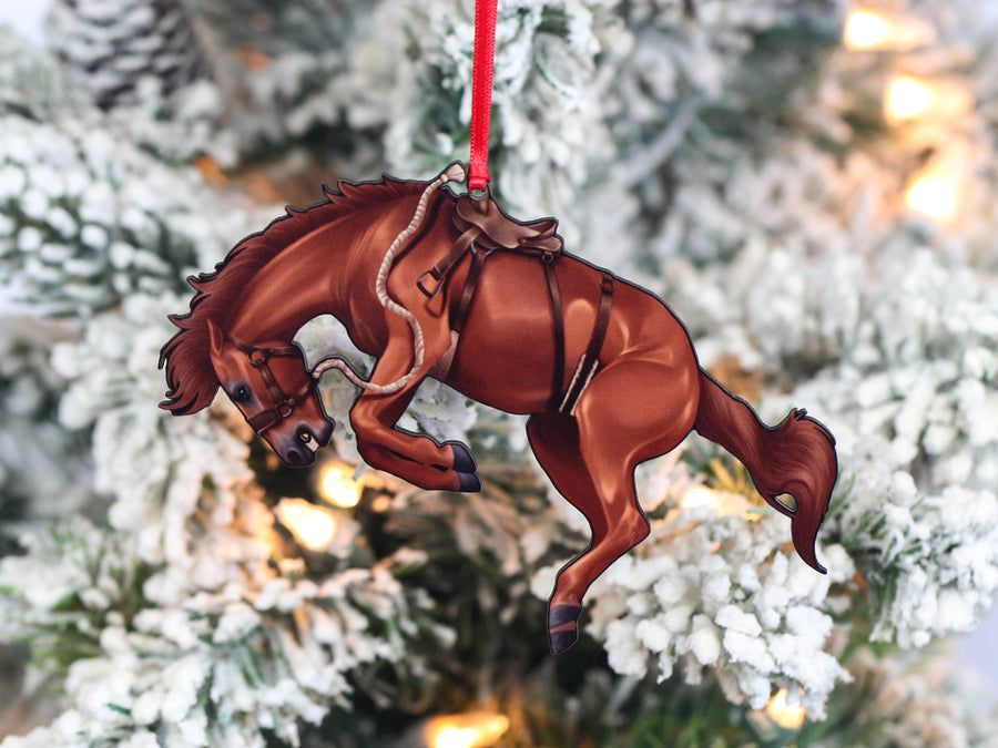 Chestnut bucking bronco rodeo horse Christmas ornament, laser-cut printed wood by Classy Equine