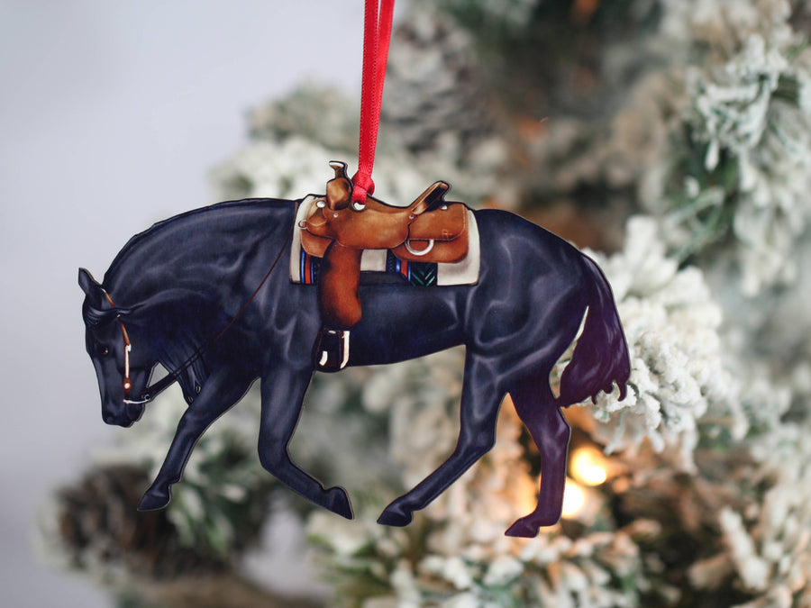 Black western riding Quarter Horse Christmas ornament, laser-cut printed wood by Classy Equine