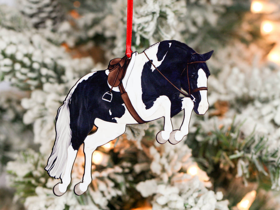 Black tobiano Paint hunter jumper horse Christmas ornament, laser-cut printed wood by Classy Equine