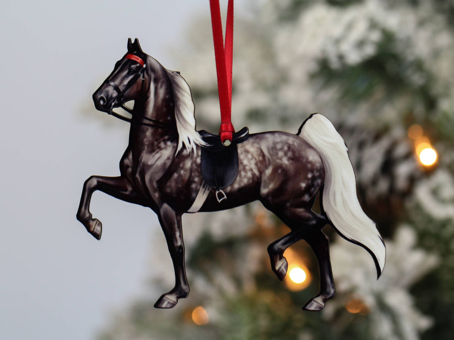 Silver dapple Saddlebred saddle seat horse Christmas ornament, laser-cut printed wood by Classy Equine