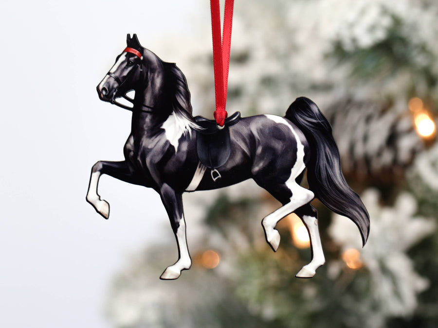 Black tobiano Saddlebred saddle seat horse Christmas ornament, laser-cut printed wood by Classy Equine
