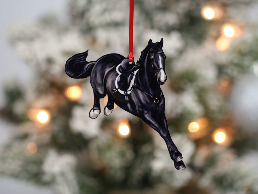 Black hunter jumper horse Christmas ornament, laser-cut printed wood by Classy Equine