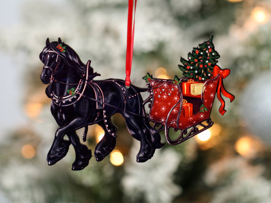 Black Friesian horse and sleigh Christmas ornament, laser-cut printed wood by Classy Equine