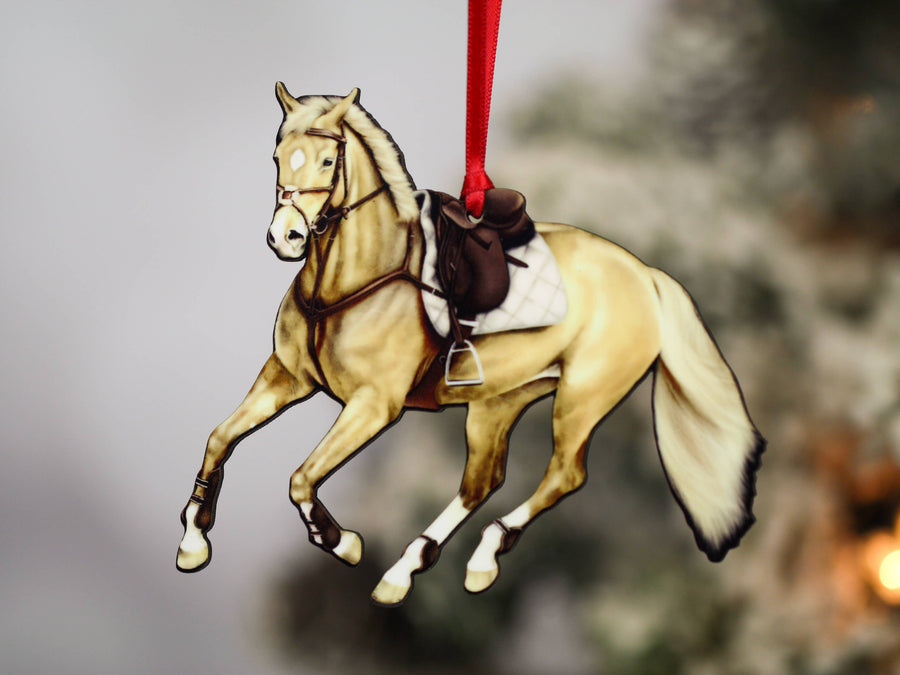 Palomino hunter jumper horse Christmas ornament, laser-cut printed wood by Classy Equine