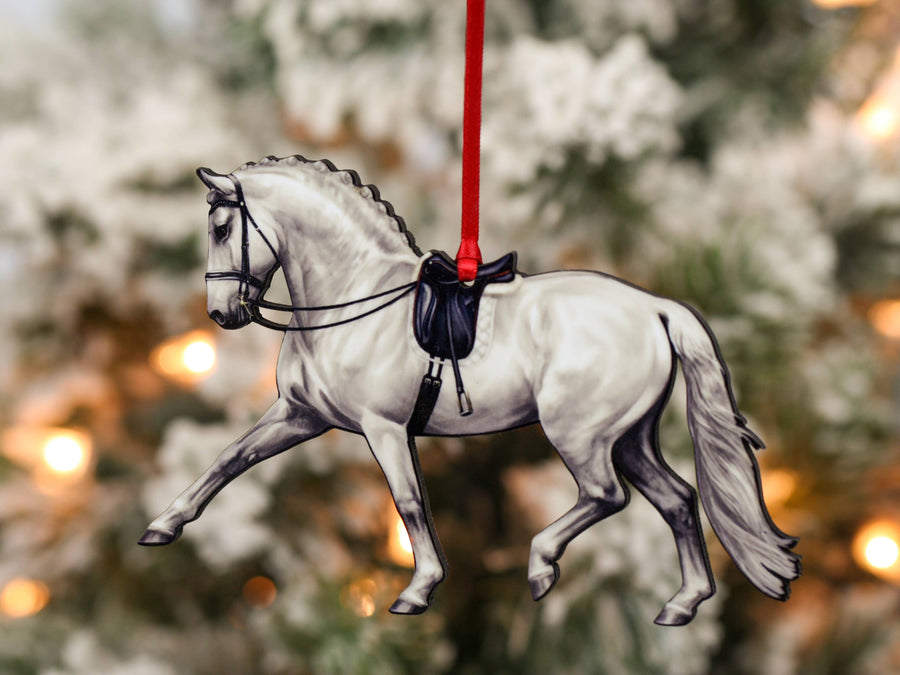 Light gray dressage horse Christmas ornament, laser-cut printed wood by Classy Equine