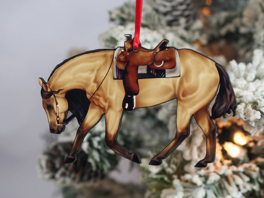 Buckskin western riding Quarter Horse Christmas ornament, laser-cut printed wood by Classy Equine